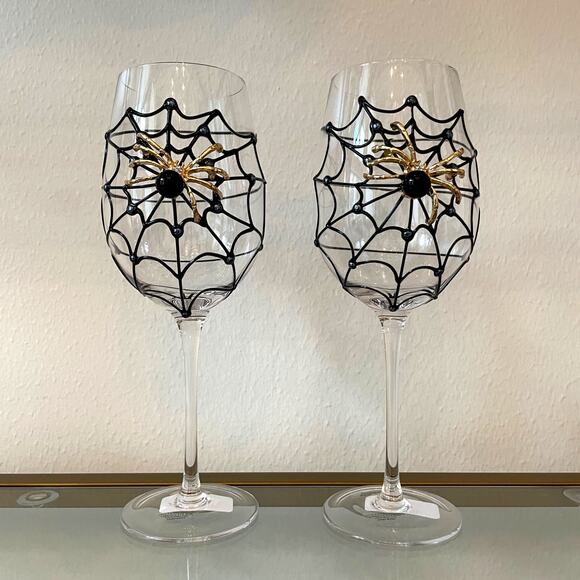 Gorgeous Halloween Jeweled Spider on Web with Pearl Wine Glass Set of 2 NEW - Picture 1 of 15